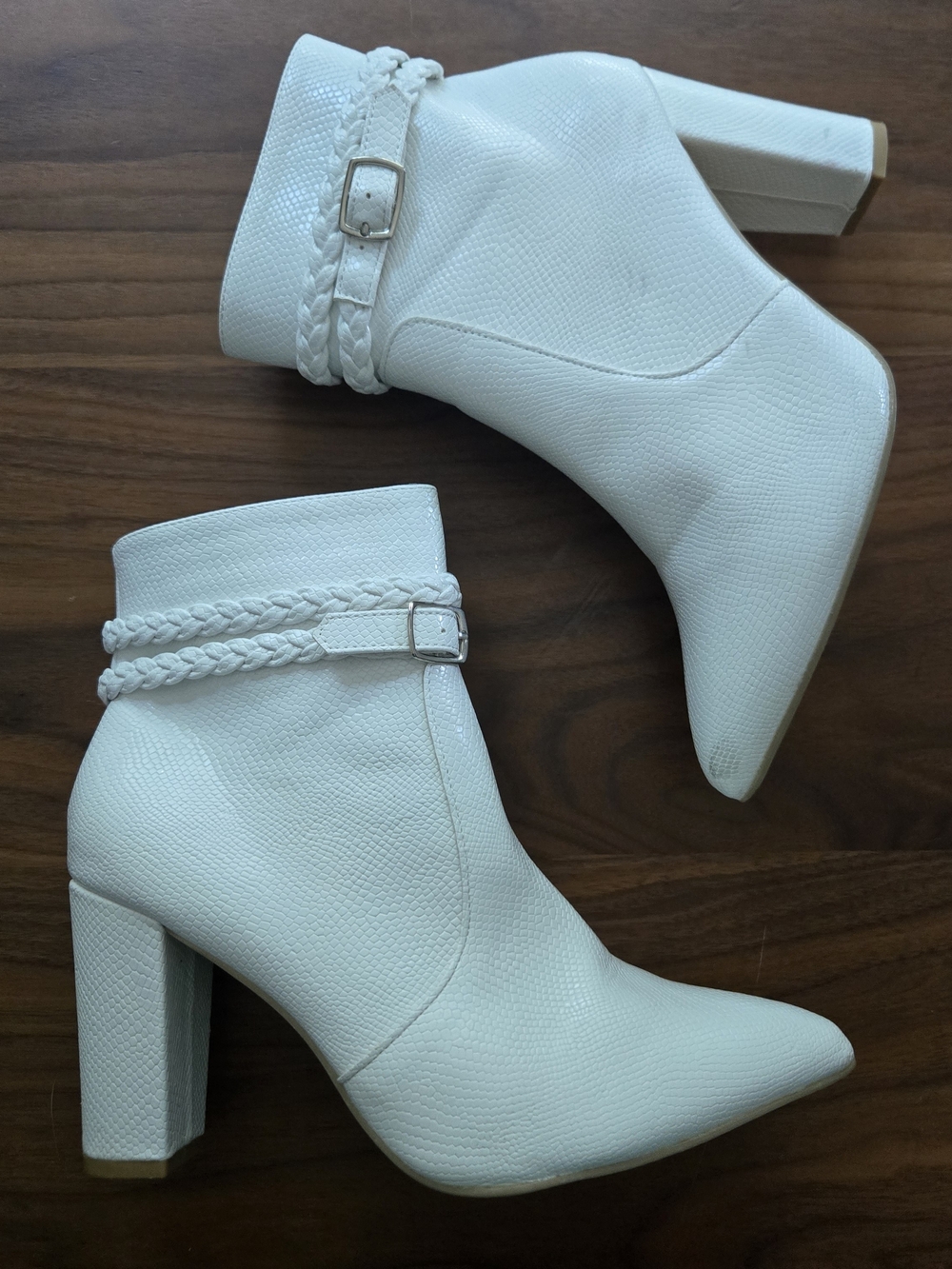 White Croc Embossed Ankle Boots | Braided Buckle Detail Block Heel Size 9